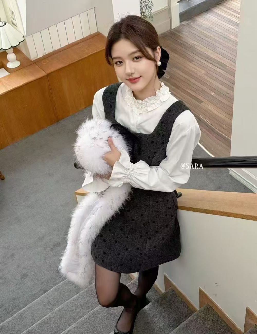 College style black-white strap dress 2pcs set for women