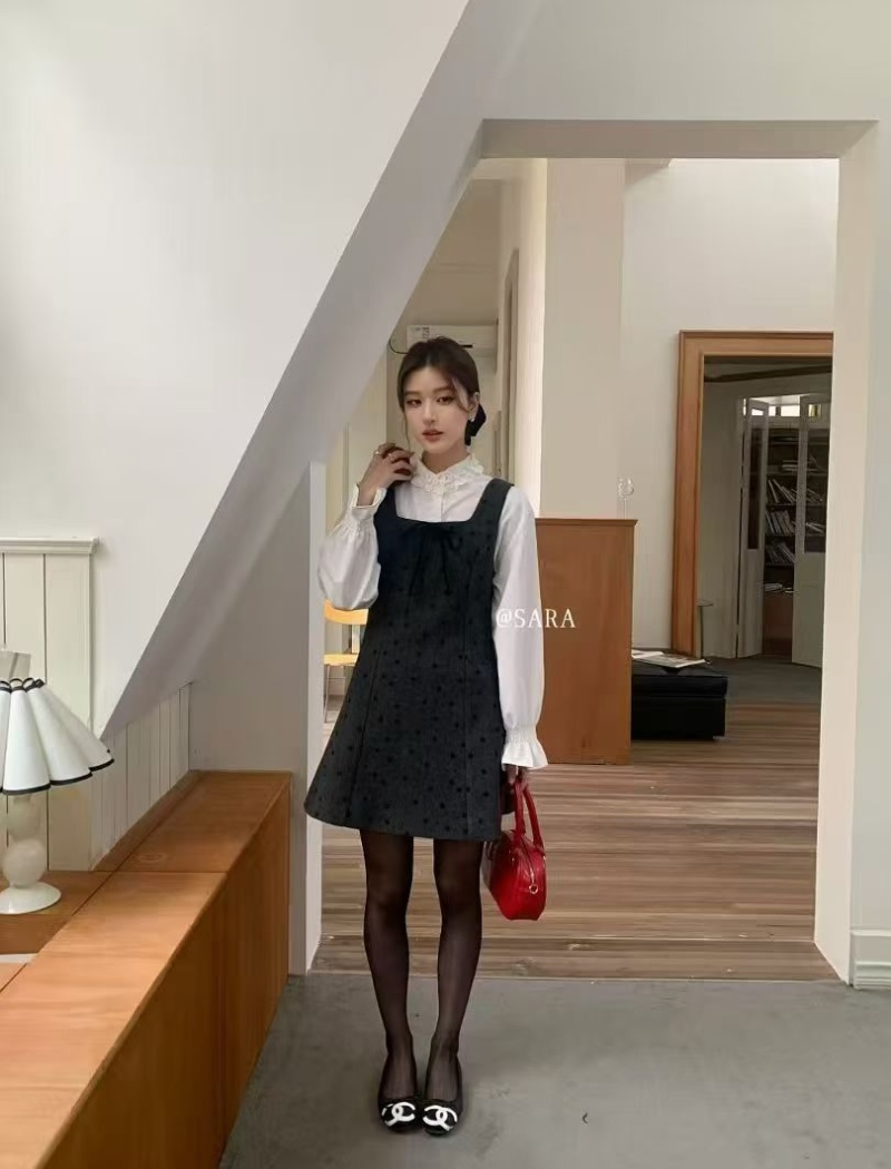 College style black-white strap dress 2pcs set for women