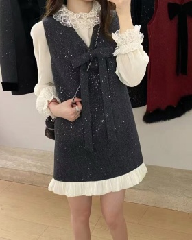 Bow velvet sleeveless dress spring tops 2pcs set