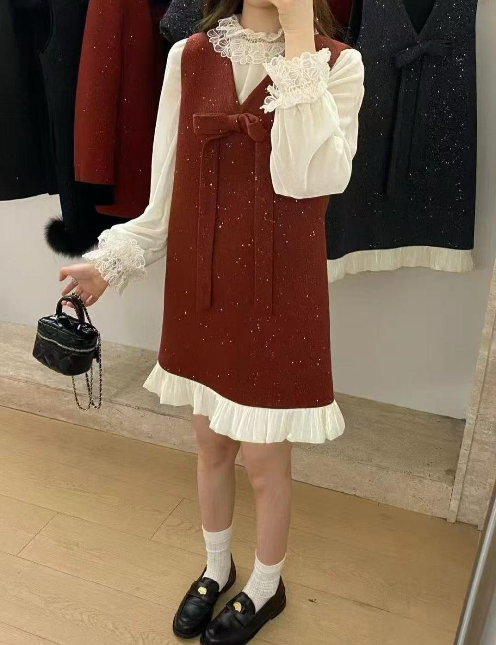 Bow velvet sleeveless dress spring tops 2pcs set