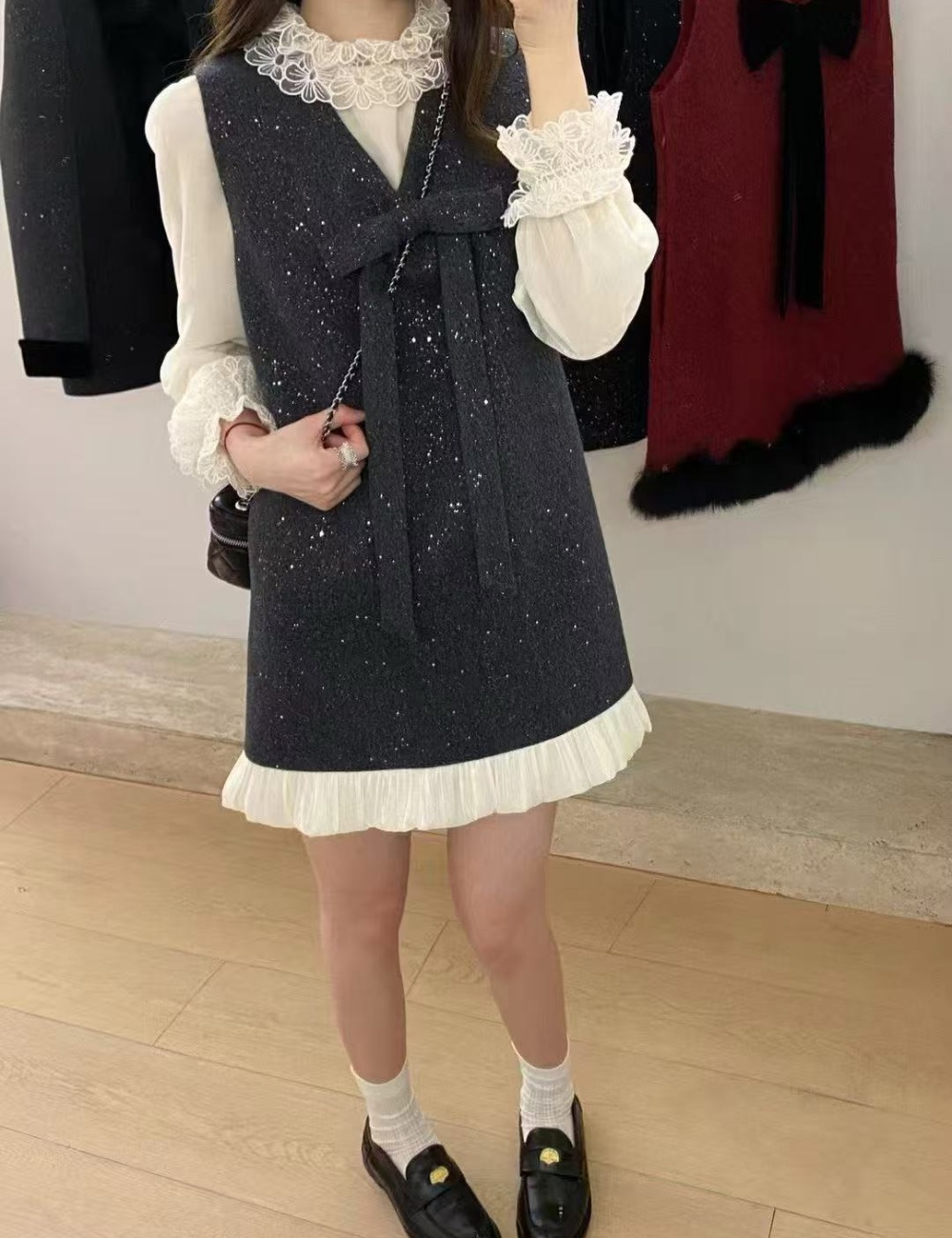 Bow velvet sleeveless dress spring tops 2pcs set