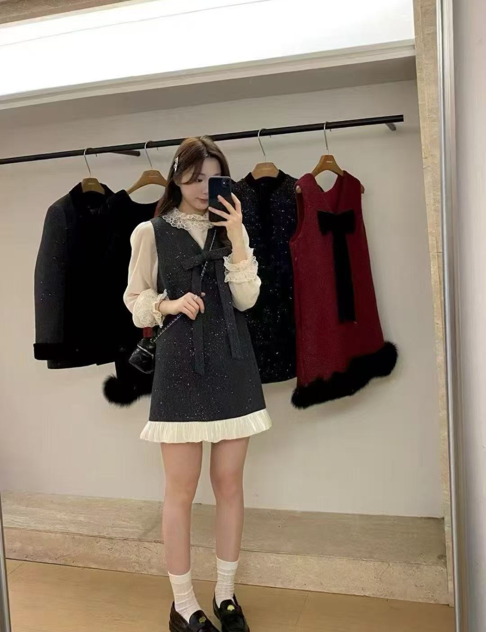 Bow velvet sleeveless dress spring tops 2pcs set