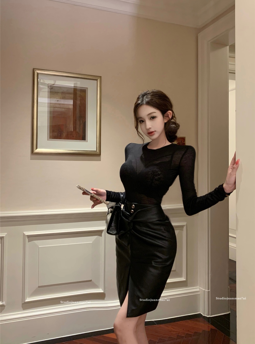 Sling underwear package hip leather skirt 3pcs set