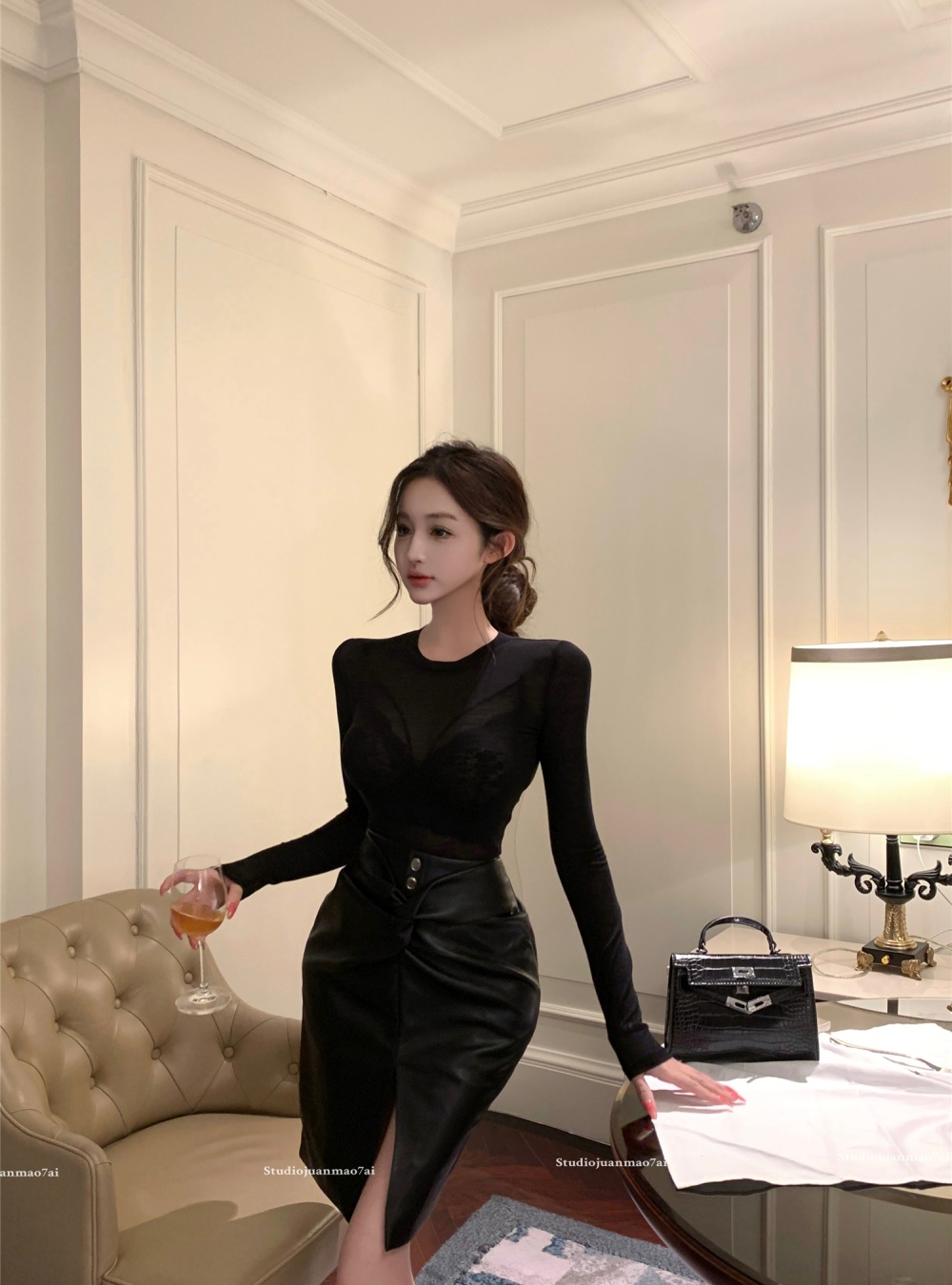 Sling underwear package hip leather skirt 3pcs set