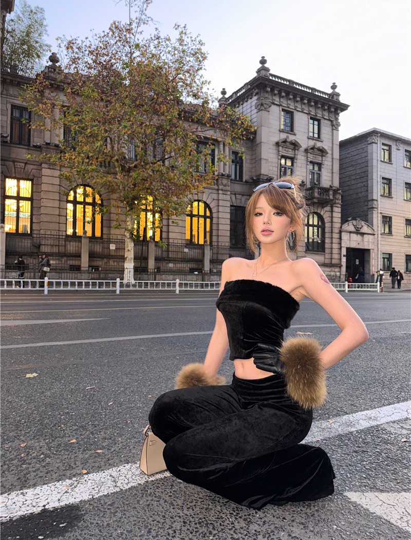 Velvet tops pants 2pcs set for women