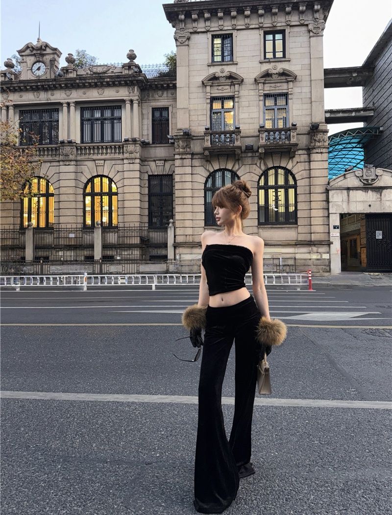 Velvet tops pants 2pcs set for women