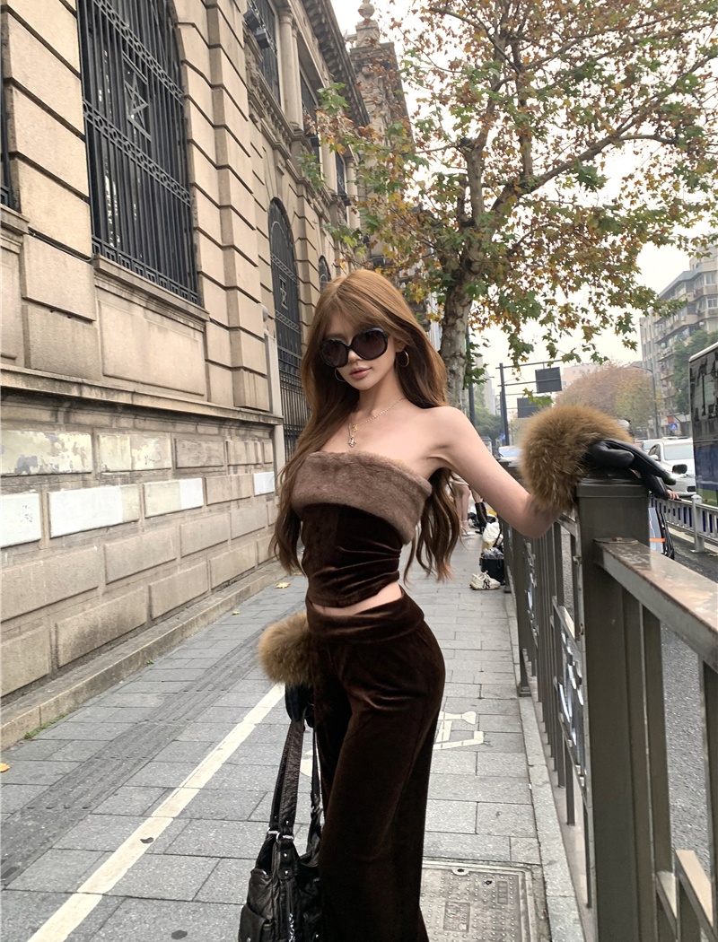 Velvet tops pants 2pcs set for women