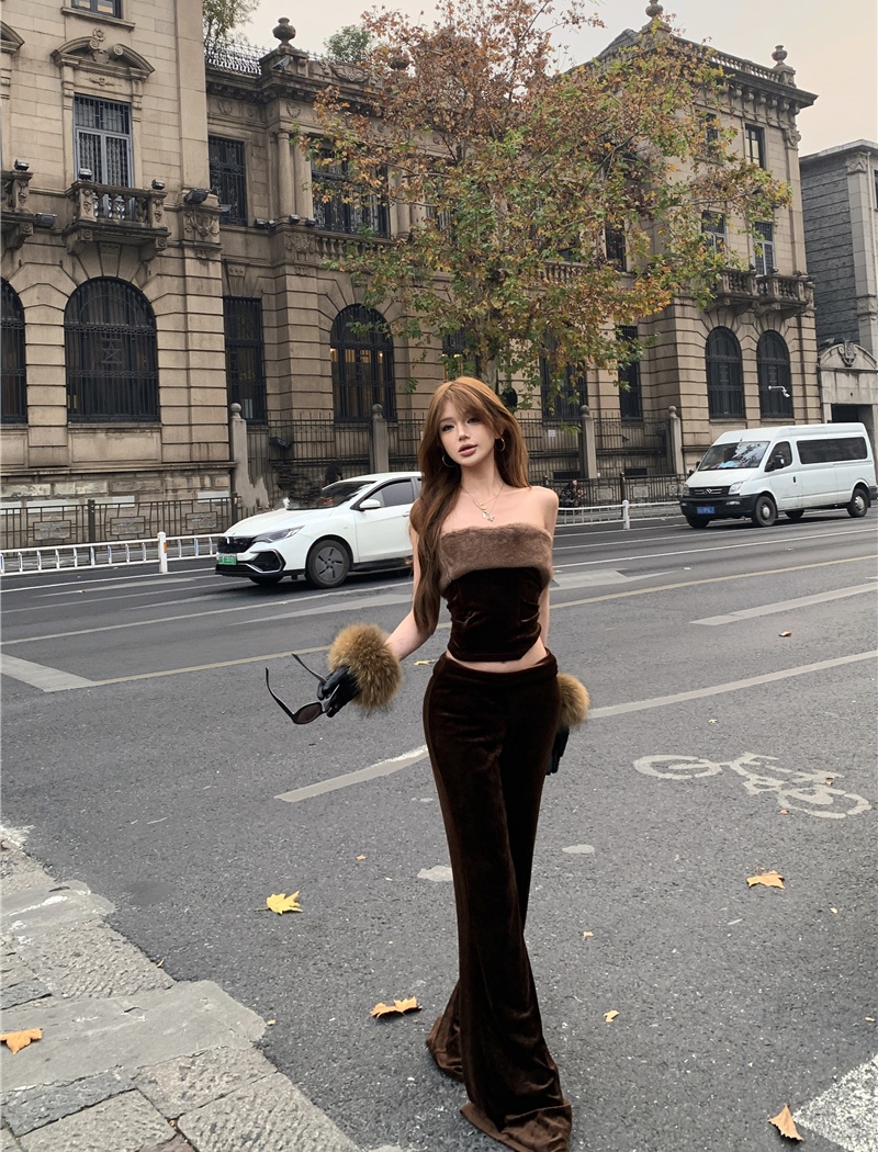 Velvet tops pants 2pcs set for women