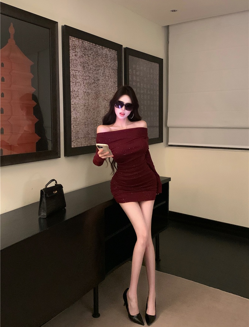 Glitter enticement dress long sleeve package hip T-back