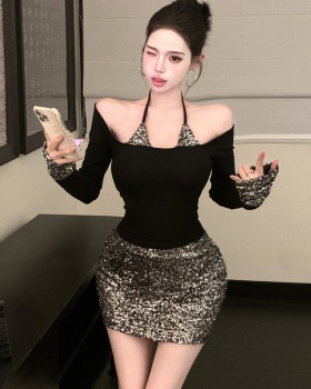 Pseudo-two short skirt spicegirl tops 2pcs set for women