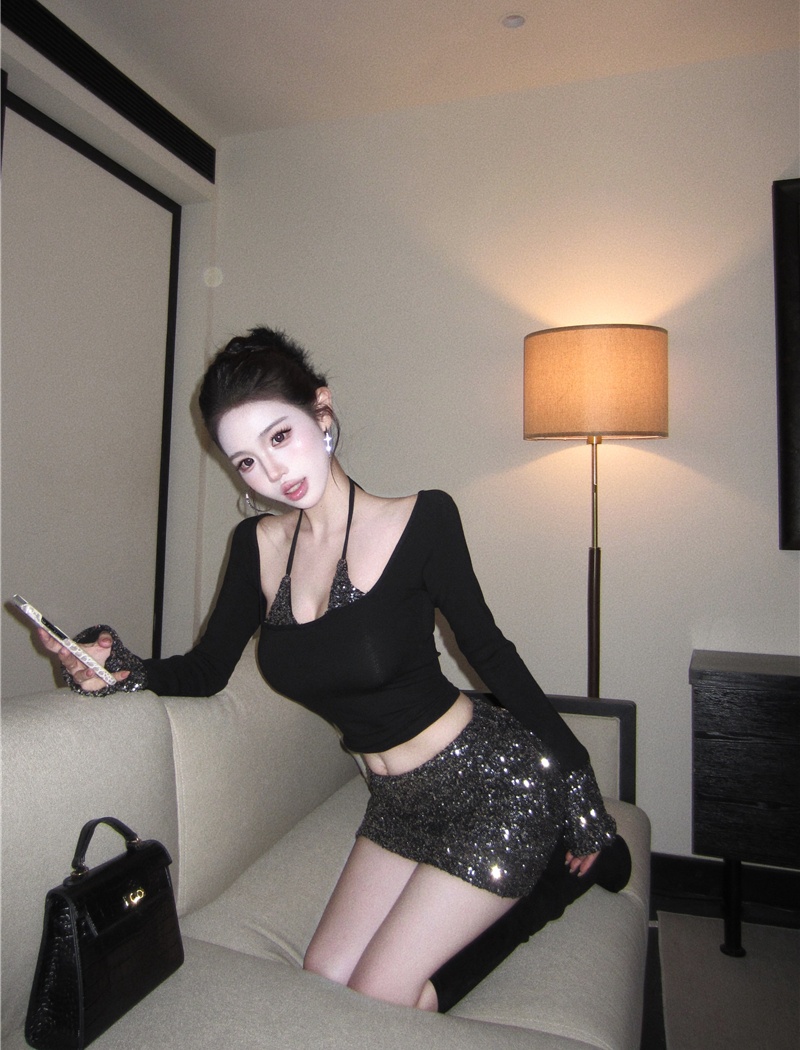 Pseudo-two short skirt spicegirl tops 2pcs set for women