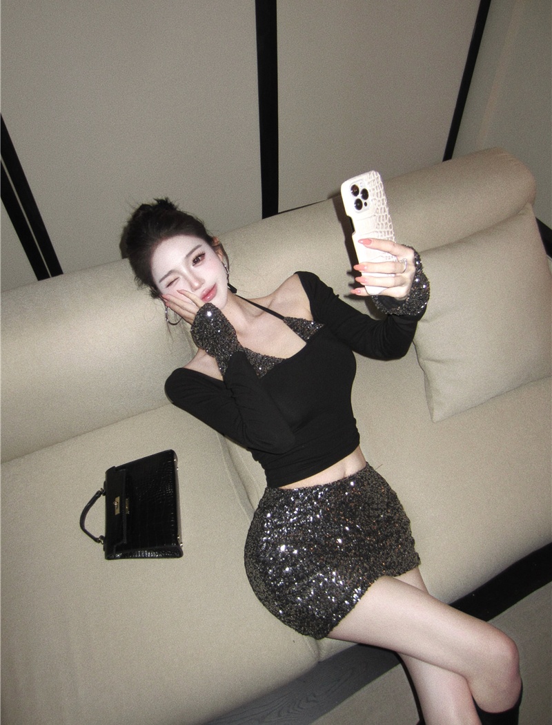 Pseudo-two short skirt spicegirl tops 2pcs set for women