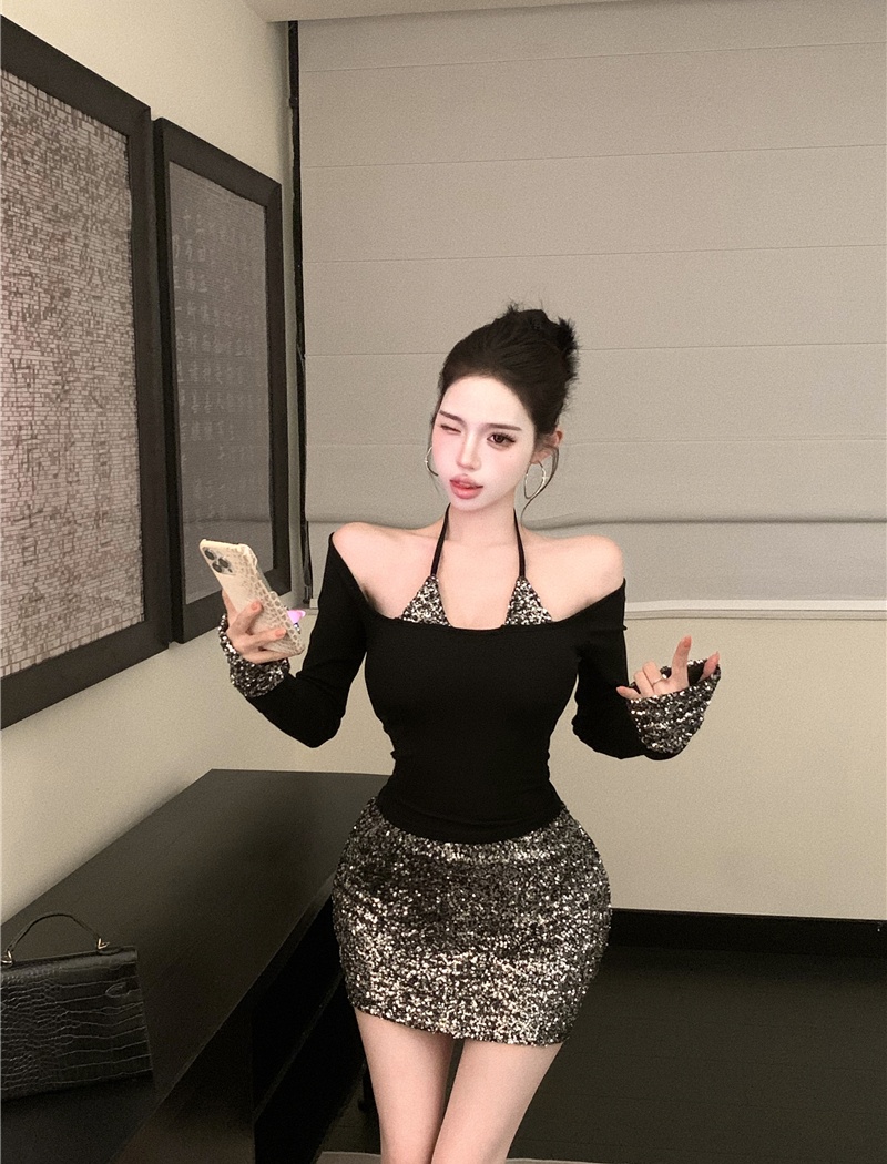 Pseudo-two short skirt spicegirl tops 2pcs set for women