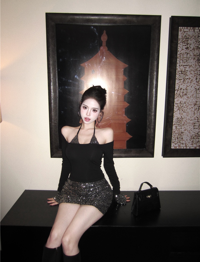 Pseudo-two short skirt spicegirl tops 2pcs set for women