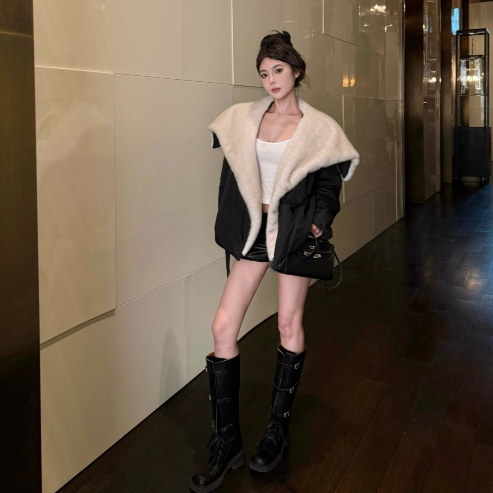 Street large lapel fashion tops winter black coat for women