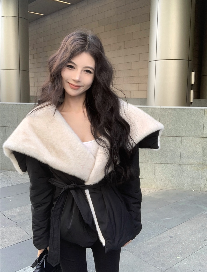 Street large lapel fashion tops winter black coat for women