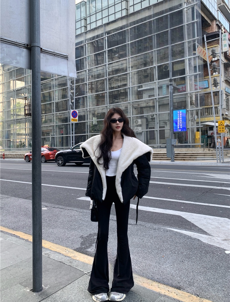 Street large lapel fashion tops winter black coat for women