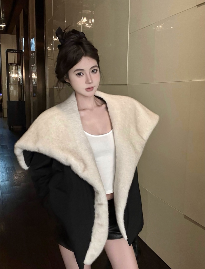 Street large lapel fashion tops winter black coat for women