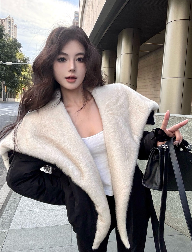 Street large lapel fashion tops winter black coat for women