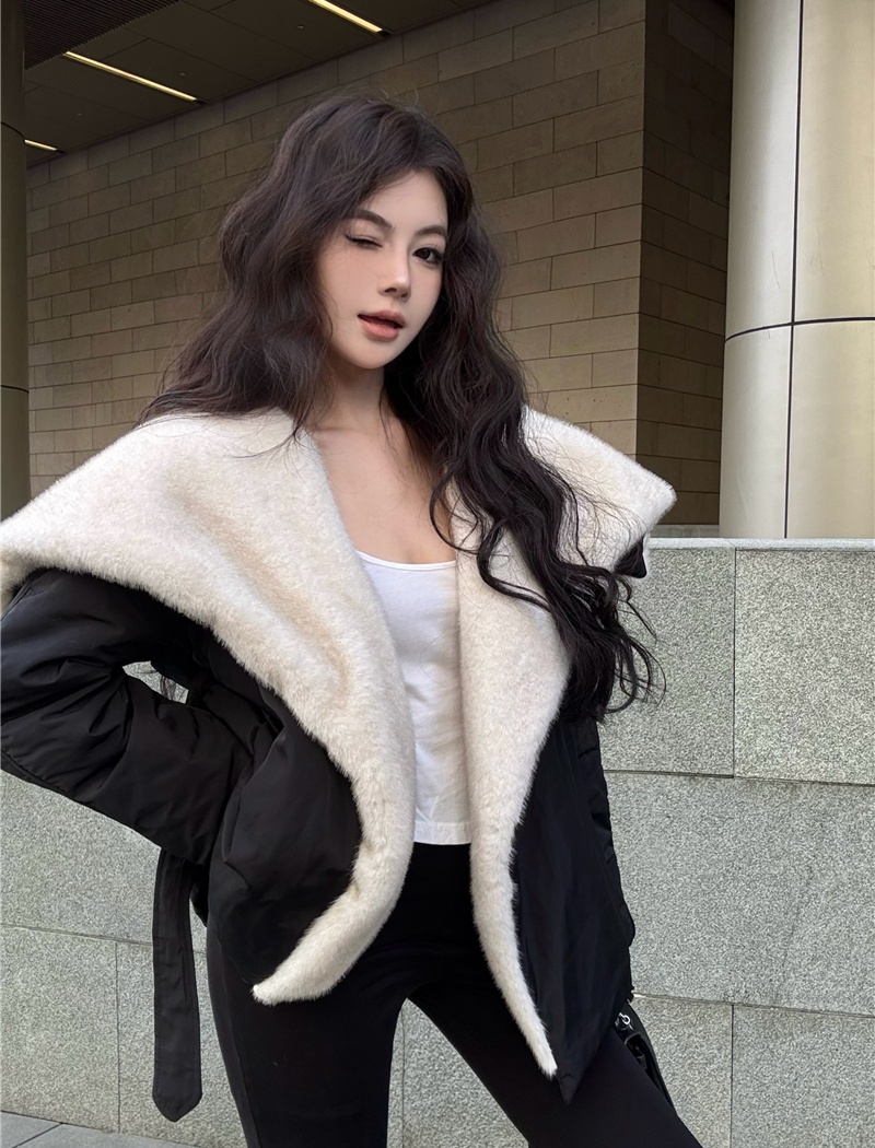 Street large lapel fashion tops winter black coat for women