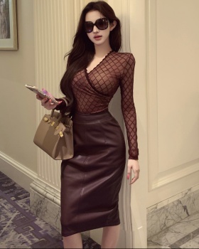 Long sleeve spicegirl tops sexy leather skirt 2pcs set