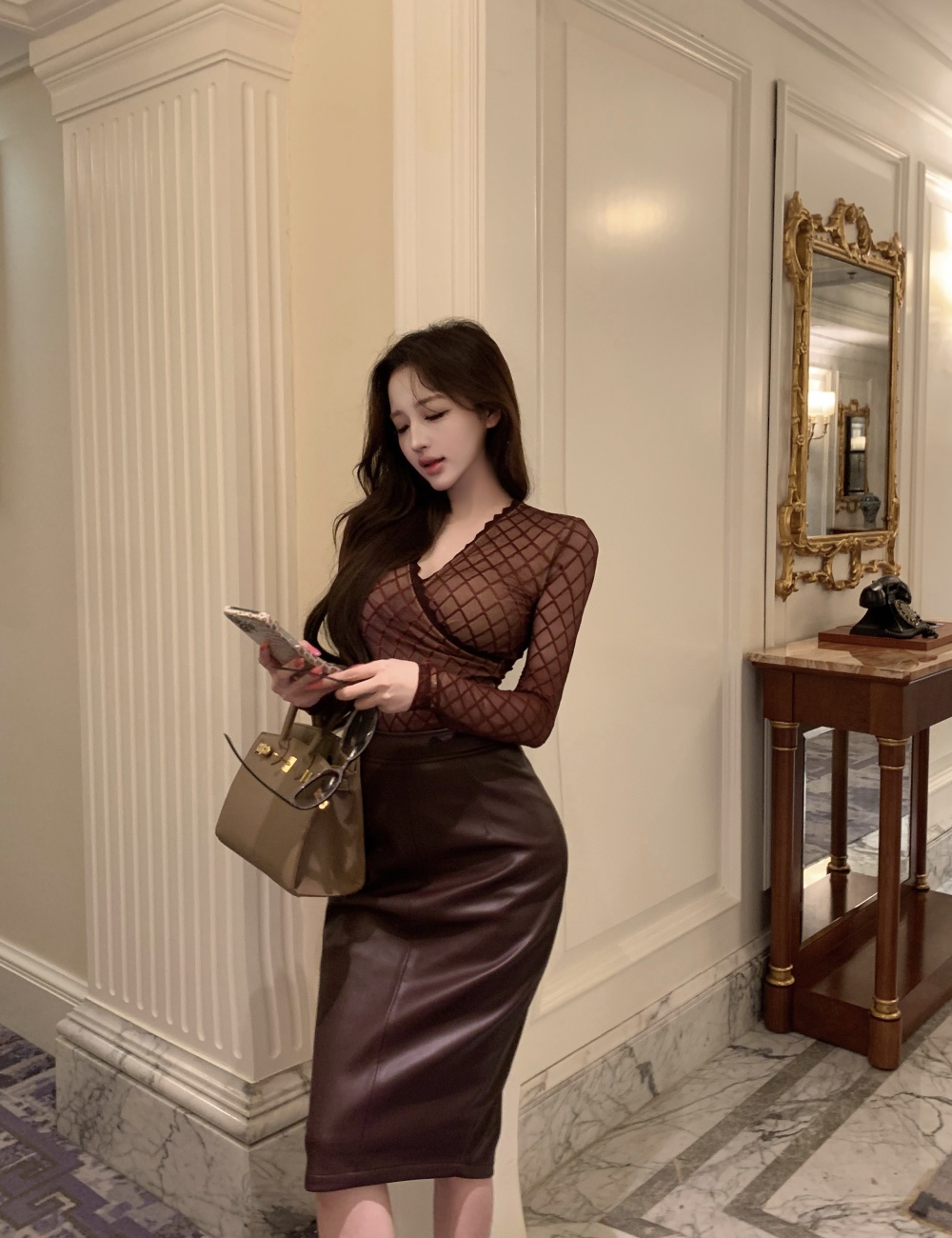 Long sleeve spicegirl tops sexy leather skirt 2pcs set