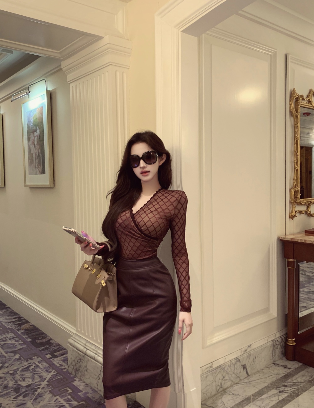 Long sleeve spicegirl tops sexy leather skirt 2pcs set