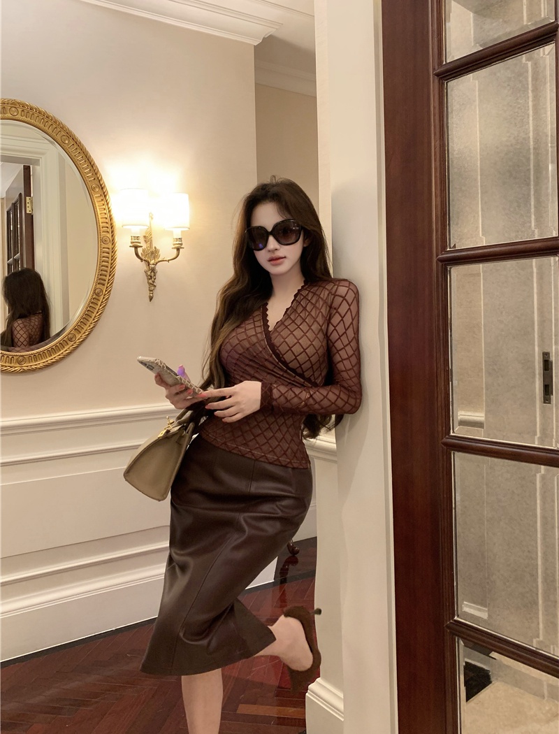 Long sleeve spicegirl tops sexy leather skirt 2pcs set