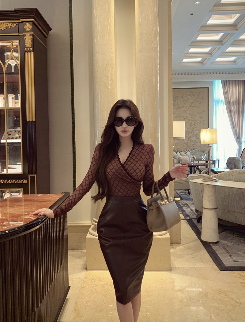 Long sleeve spicegirl tops sexy leather skirt 2pcs set