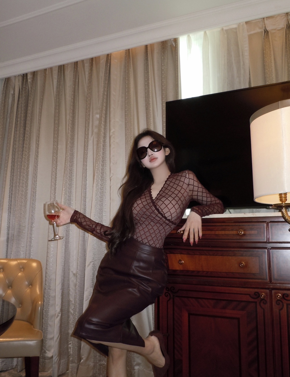 Long sleeve spicegirl tops sexy leather skirt 2pcs set