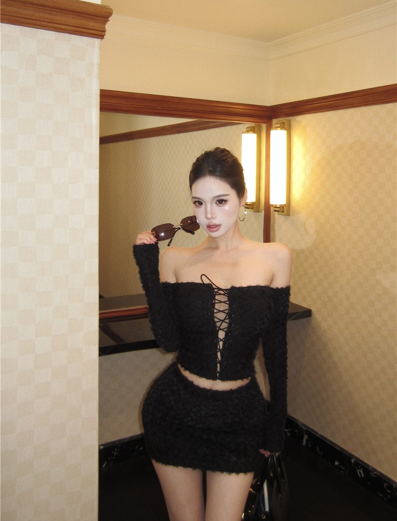 Long sleeve tops short skirt 2pcs set for women