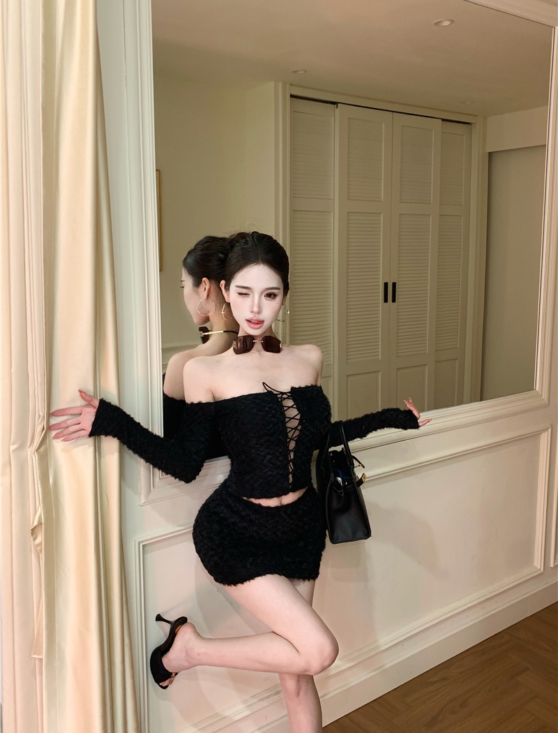 Long sleeve tops short skirt 2pcs set for women