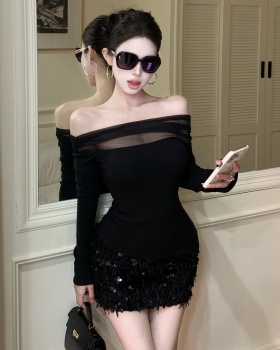 Long sleeve sequins tops package hip short skirt 2pcs set