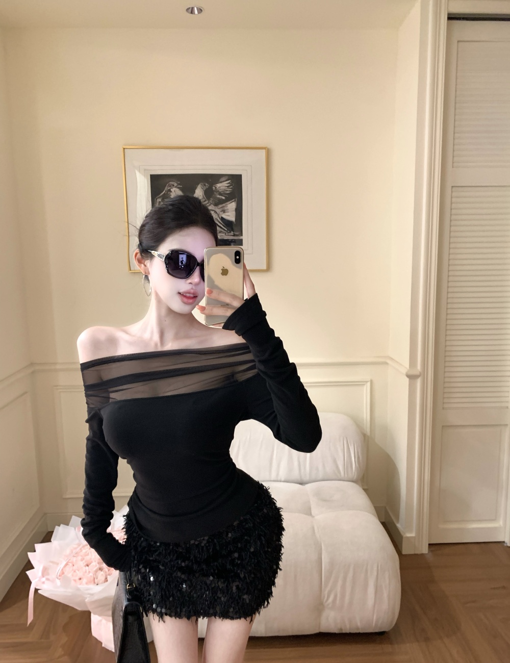 Long sleeve sequins tops package hip short skirt 2pcs set