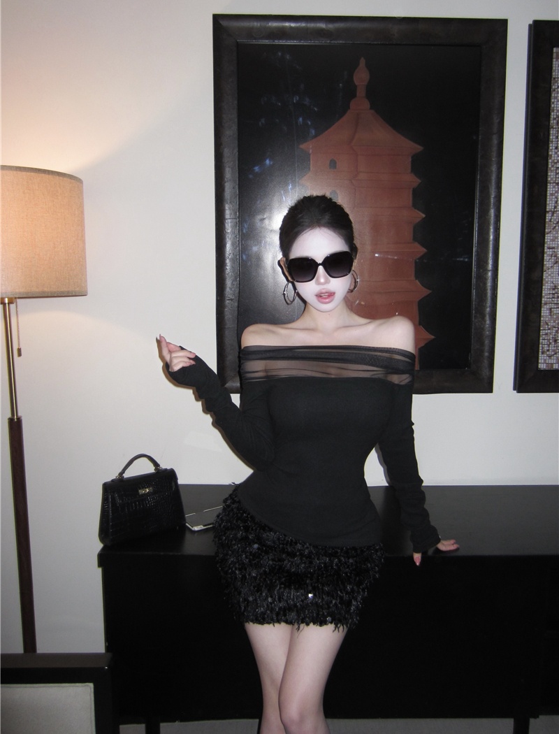 Long sleeve sequins tops package hip short skirt 2pcs set