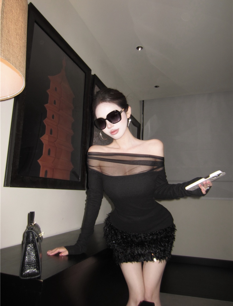 Long sleeve sequins tops package hip short skirt 2pcs set