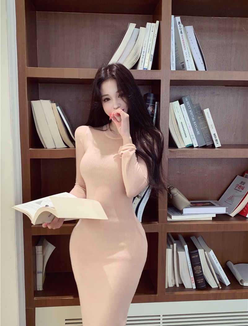 Long sleeve package hip long dress inside the ride dress