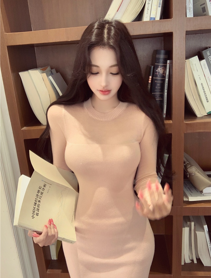 Long sleeve package hip long dress inside the ride dress