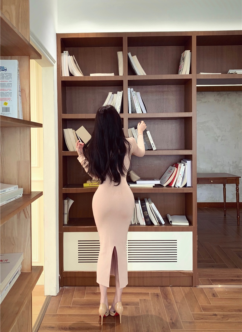 Long sleeve package hip long dress inside the ride dress