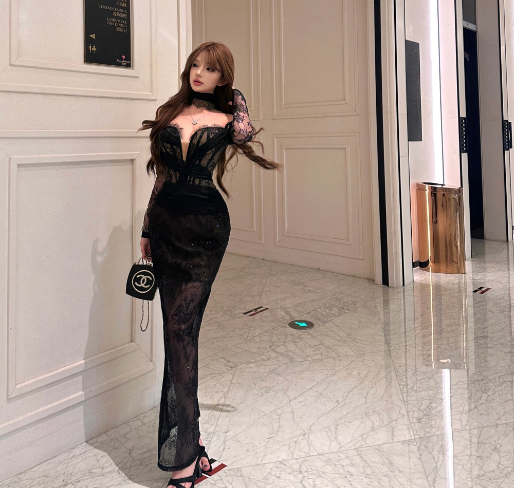 Sexy lace long dress package hip dress for women