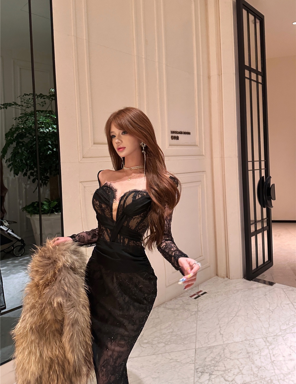 Sexy lace long dress package hip dress for women