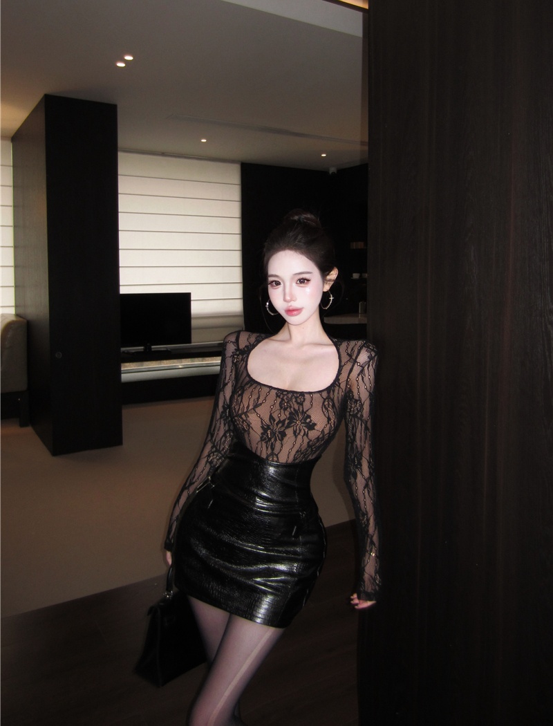 Lace leather skirt sexy tops 2pcs set for women