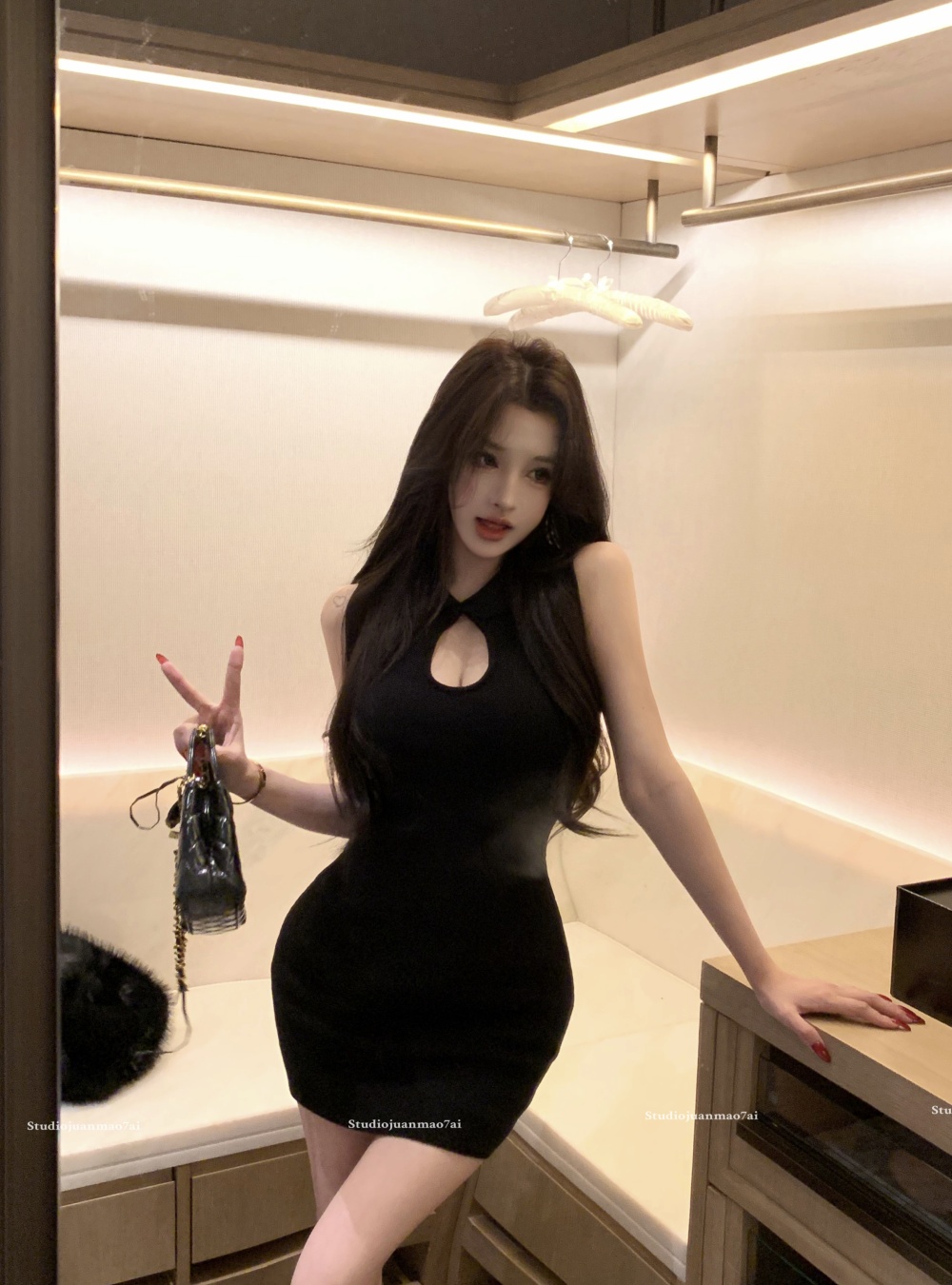 Black pinched waist halter short hollow dress for women