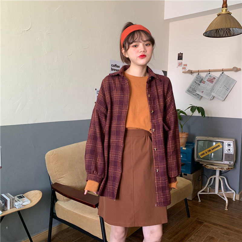 Long sleeve loose woolen thick plaid shirt for women