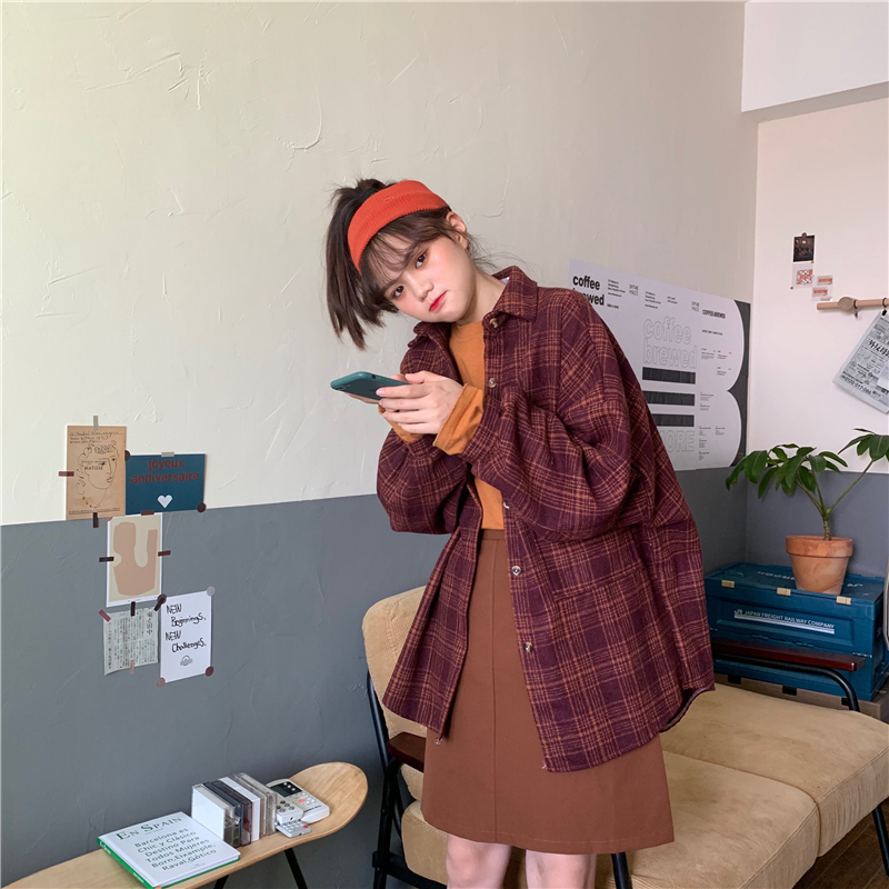Long sleeve loose woolen thick plaid shirt for women