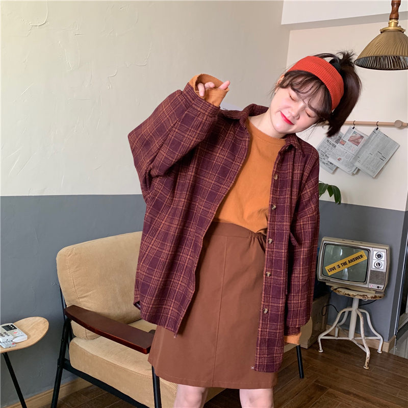 Long sleeve loose woolen thick plaid shirt for women