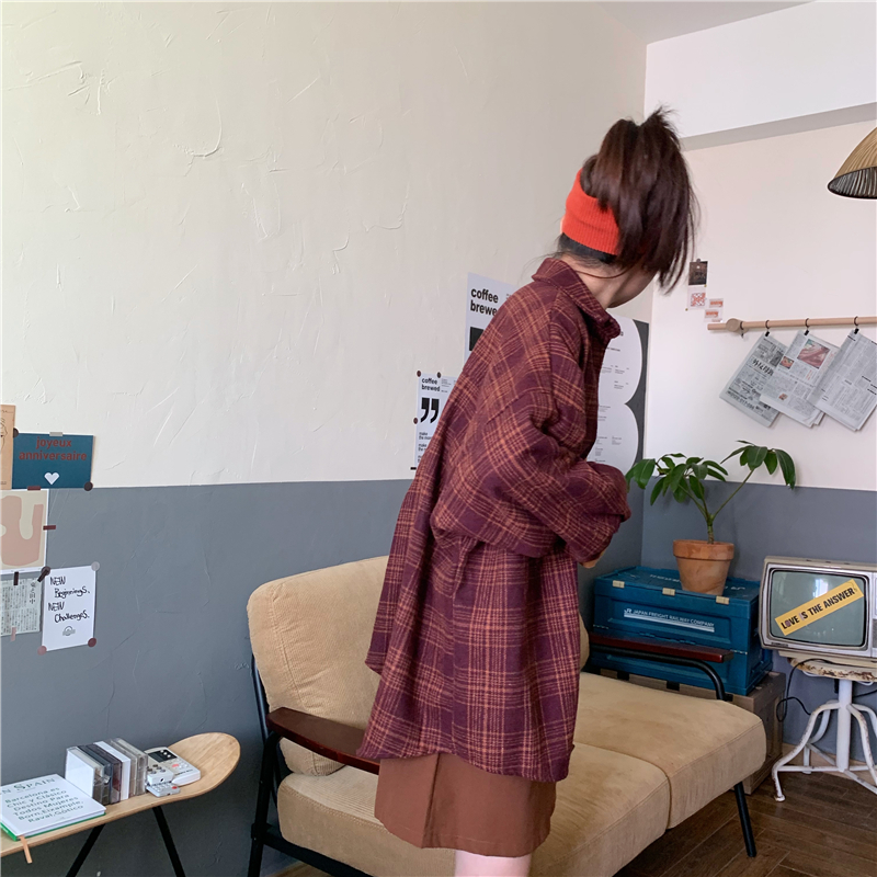 Long sleeve loose woolen thick plaid shirt for women