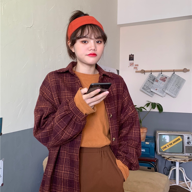 Long sleeve loose woolen thick plaid shirt for women