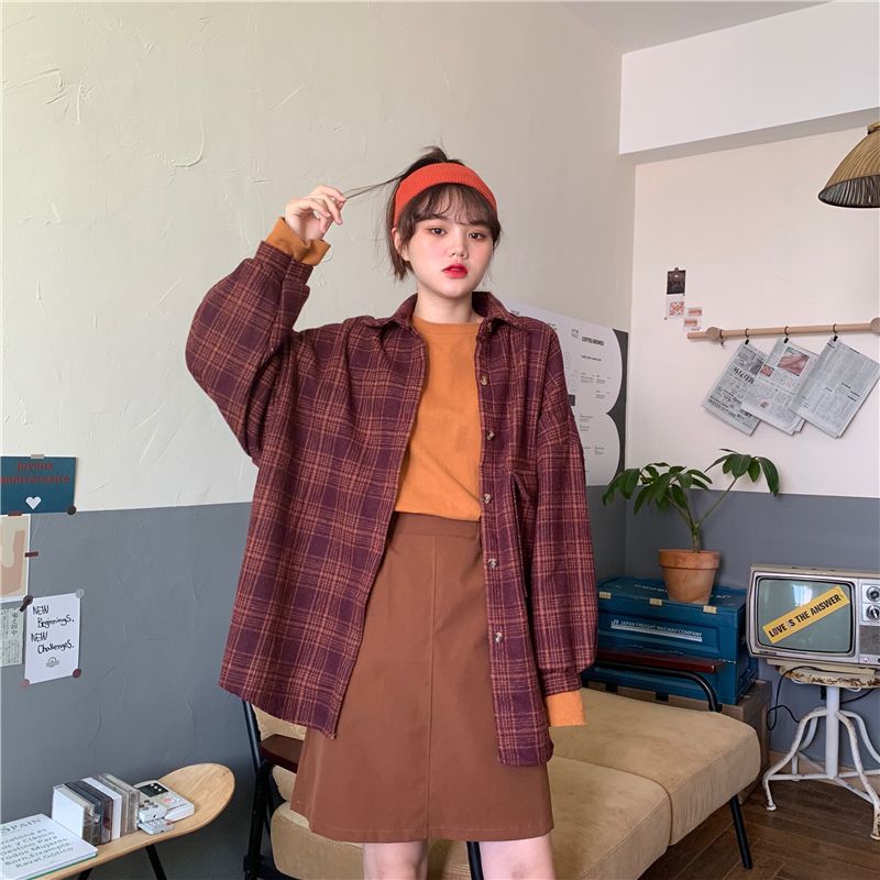 Long sleeve loose woolen thick plaid shirt for women
