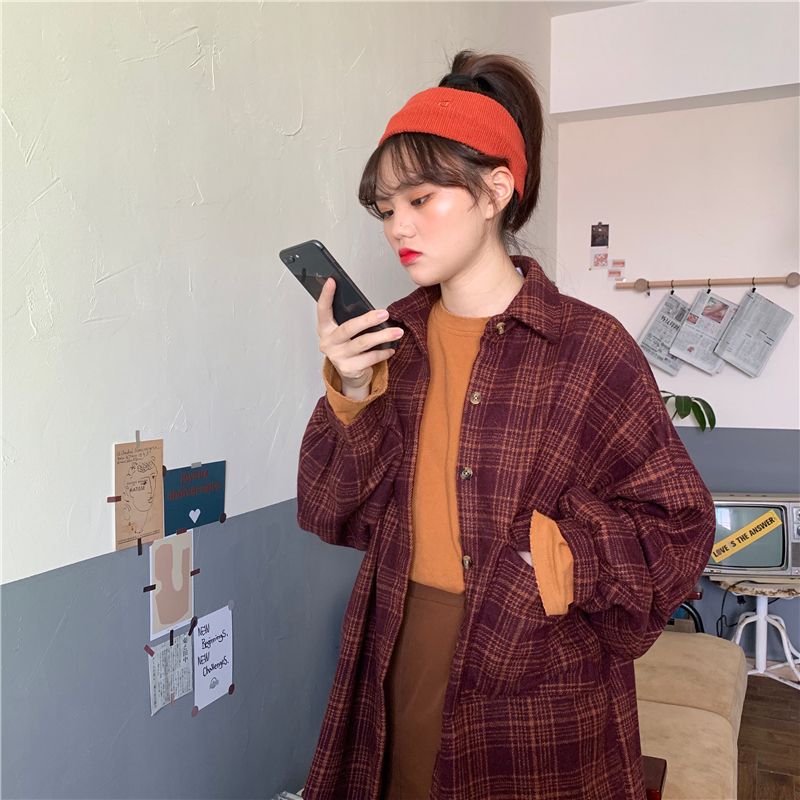 Long sleeve loose woolen thick plaid shirt for women